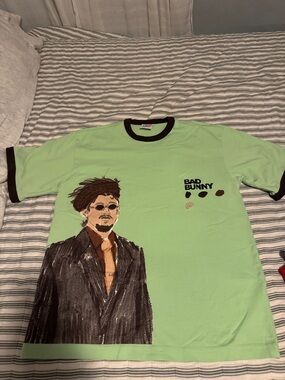 Bad Bunny Light Green Graphic Ringer Tee with Black Trim